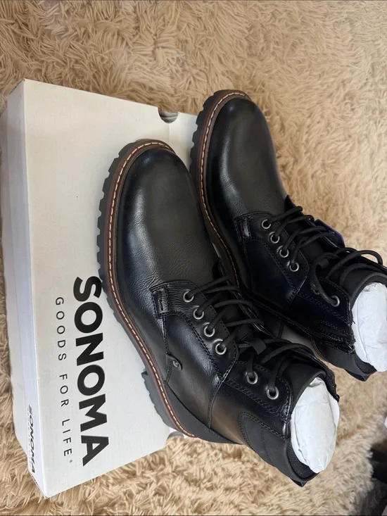 Sonoma Black Leather Lace-Up Combat Boots with Contrast Welt