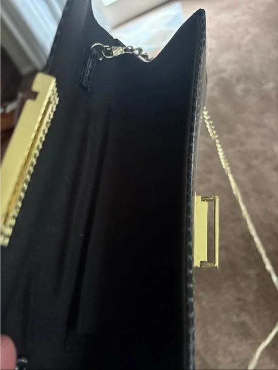 BCBG Black Snake-Embossed Clutch with Gold Chain