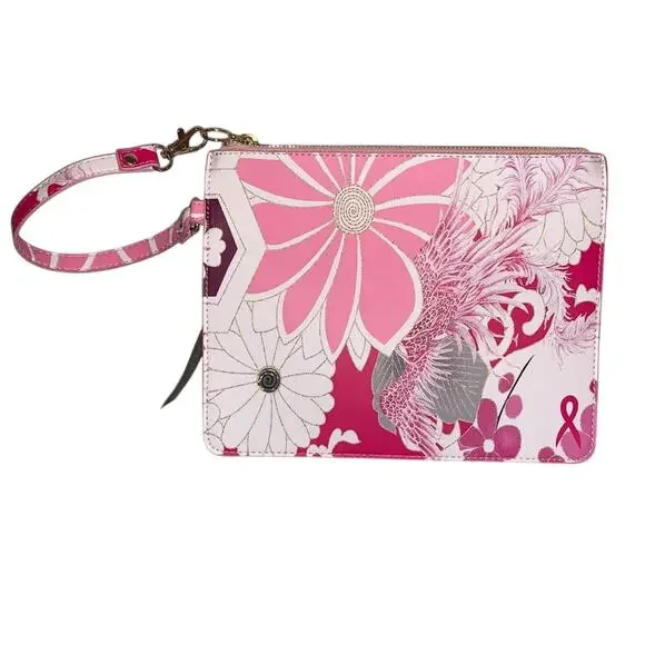 Chico’s Breast Cancer Awareness Pink‎ Floral Wristlet Clutch NWT Ribbon Zipper