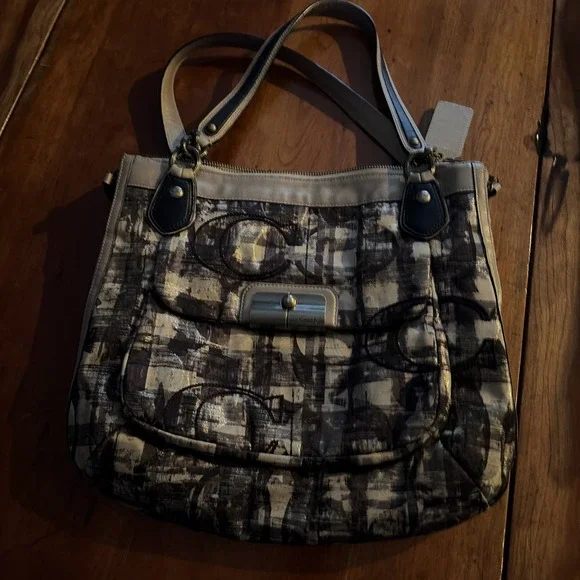 COACH KRISTIN EMBROIDERED PLAID SIG C METALLIC GOLD BLK LUREX ZIP TOTE BAG PURSE