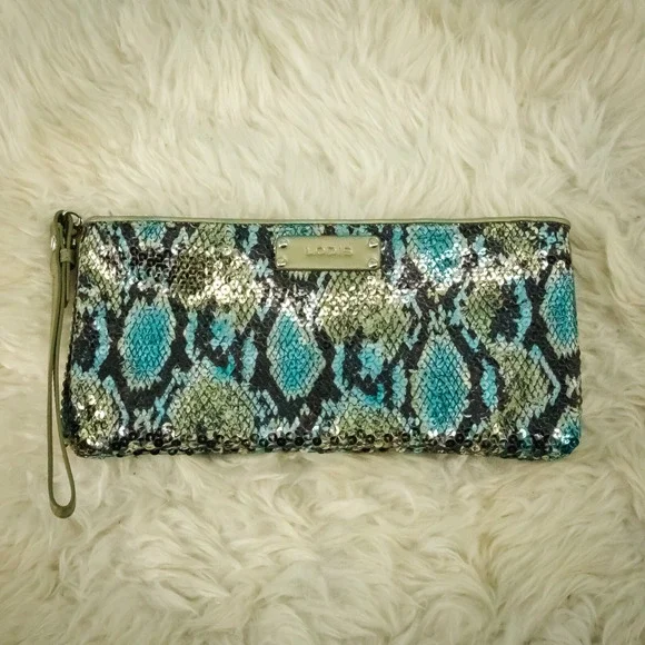 Lodis Snake Snakeskin Print Sequin Leather Trim Small Zip Wristlet Clutch Bag