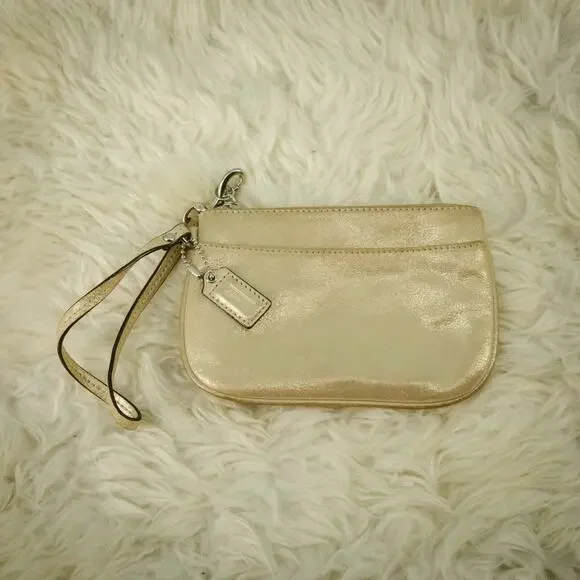 Coach Champagne Gold Metallic Small Zip Closure Wristlet Clutch Bag Purse