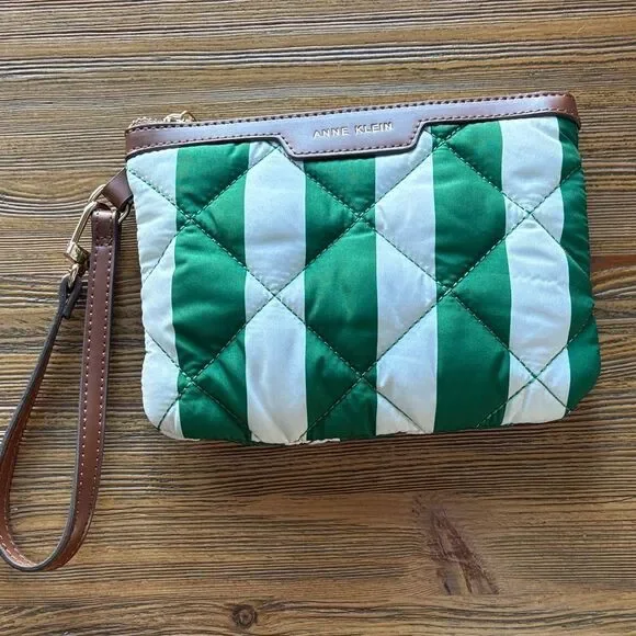 Anne Klein Green and White Striped Wristlet