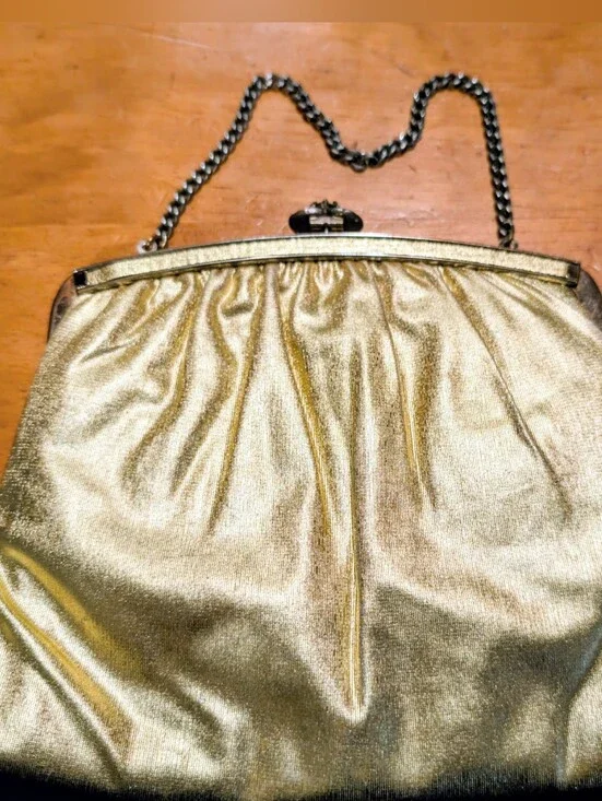 Vintage Gold Metallic Evening Chain Strap Bag Snap Closure With Diamond Accent