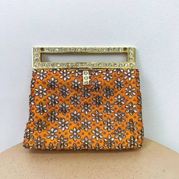 Meera Mahadevia Fully Embellished Satin Marigold Yellow Clutch Purse
