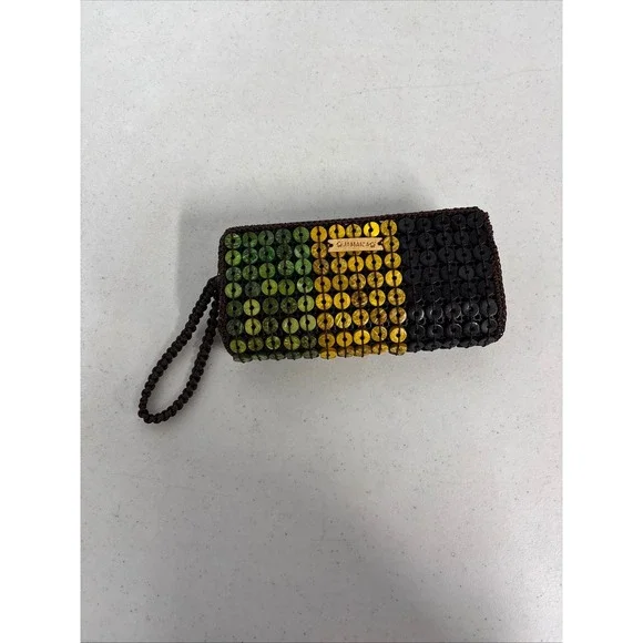 Jamaica Coconut Shell Beaded Wristlet Clutch Green Yellow Black‎ Rasta Souvenir