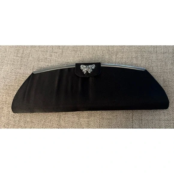 TOVA‎ Beverly Hills Black Satin Evening Clutch Purse Rhinestone Butterfly