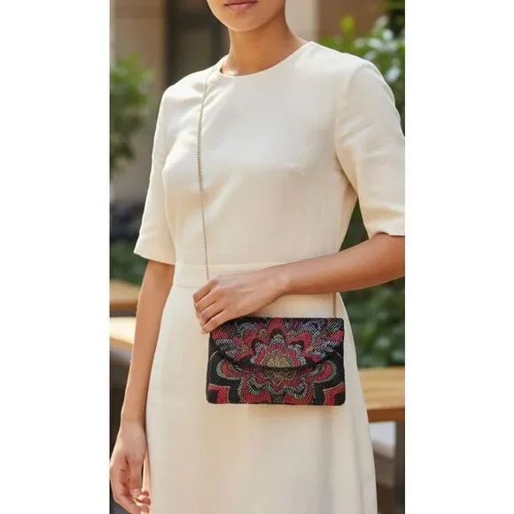La Regale Beaded Evening Clutch Floral Art Deco Crossbody Gold Chain