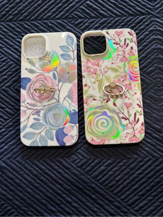 2-Floral Holographic Ring Grip Phone Case - Pink & White for iPhone 13