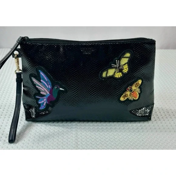 Victoria's Secret‎ Black Snake Print Wristlet Clutch with Beaded Insect Patches