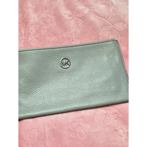 Michael Kors Adele‎ Wristlet Light Grey Pebbled Leather Silver MK Logo Pouch Bag