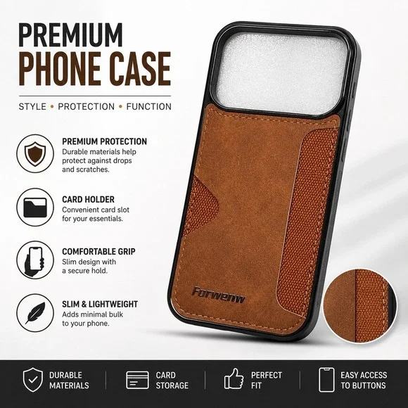 Forwenw Business  Cell Phone Case Credit Card Holder PU Leather iPhone 17 Pro