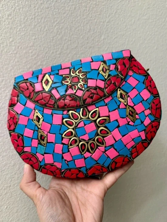RAMLA Handcrafted Pink & Blue Mosaic Clutch Crossbody Bag