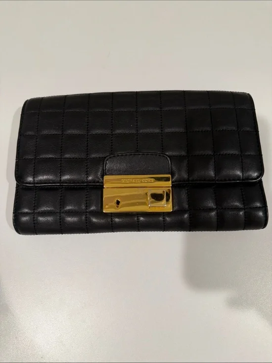 Michael Kors Black Quilted Leather Clutch with Gold Hardware