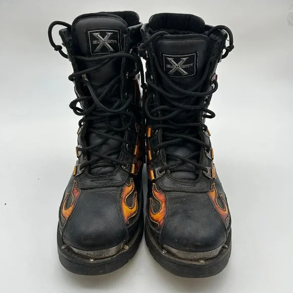 Xelement Motorcycle Boots Men's Black Flames Genuine Leather Lace Up - 10.5