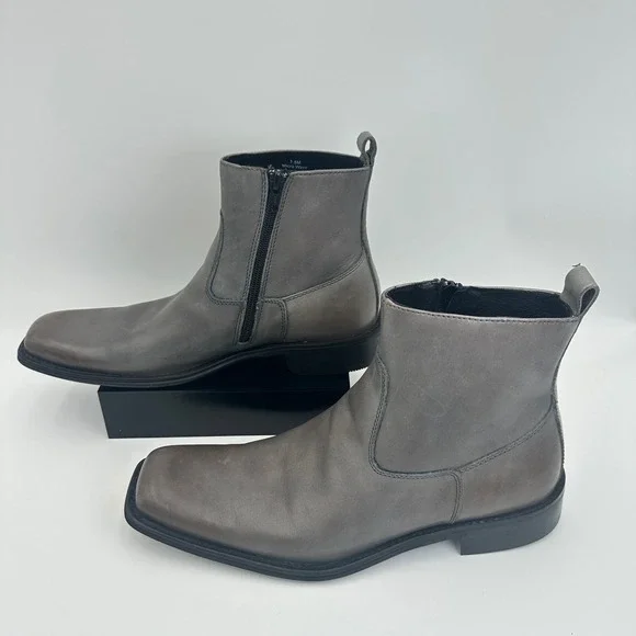 Kenneth Cole New York Micro Wave Gray Leather Side Zip Ankle Boots Mens 7.5M