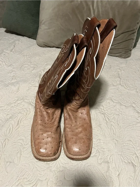 Tony Lama Brown Ostrich Leather Cowboy Boots with White Stitching