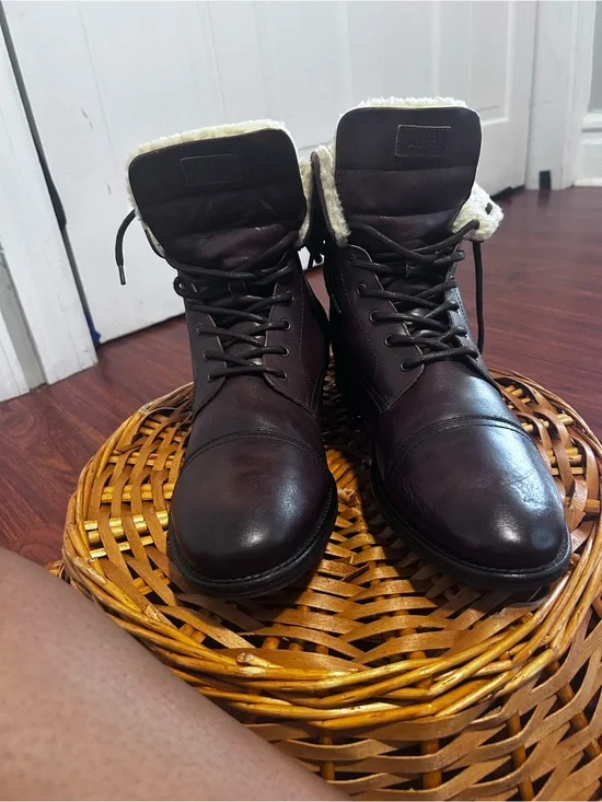 Aldo Dark Brown Leather Lace-Up Boots with Shearling Trim