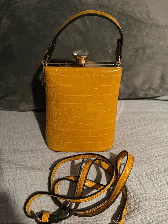 Mustard Yellow Croc-Embossed Box Bag with Top Handle