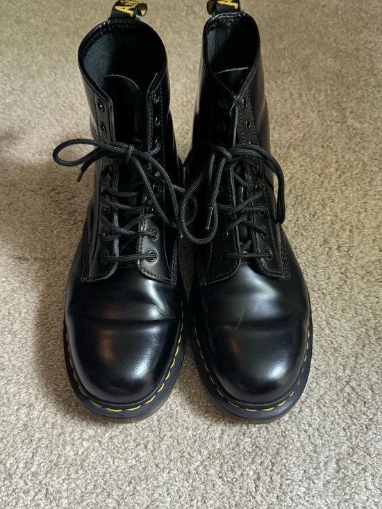 Black Leather Lace-Up Boots with Yellow Stitching