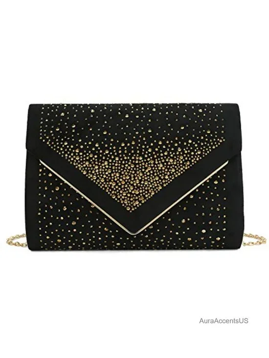Faux Suede Envelope Clutch Rhinestone Evening Bag Handbag Detachable Chain Strap