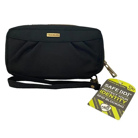 Travelon ~RFID BLOCKING Black Pleated Zip Around Wallet /Wristlet / Clutch NWT