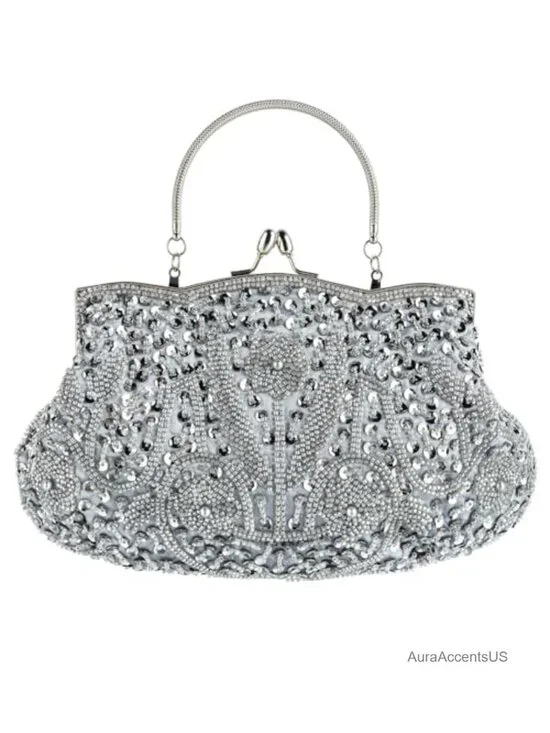 Floral Beaded Sequin Satin Kiss Lock Clutch Evening Bag Wedding Party Purse