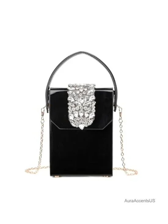 Crystal Box Clutch Rhinestone Evening Bag with Chain PU Leather