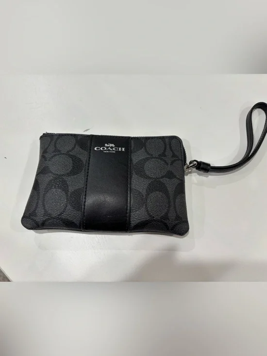 Coach Black Signature Pattern Wristlet with Leather Strap