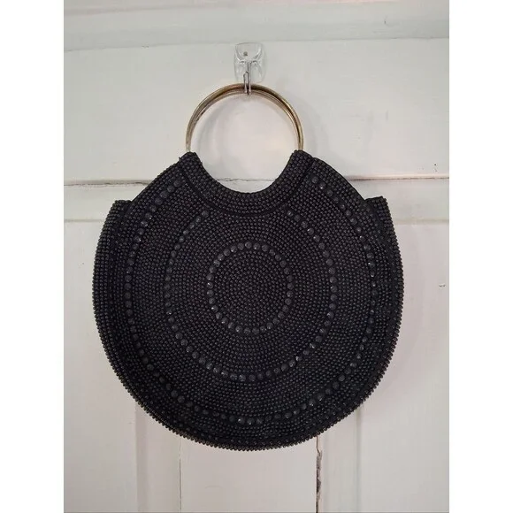 Blk Beaded Circle Evening Bag w/ Gold Tone Metal Ring Handles Vintage Hong Kong