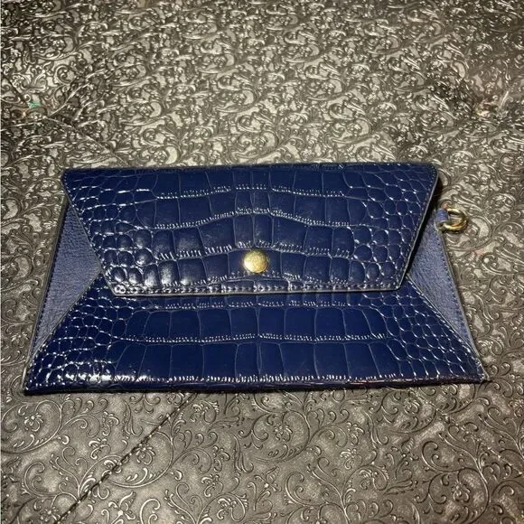 Navy Croc-Embossed Envelope Clutch NWOT