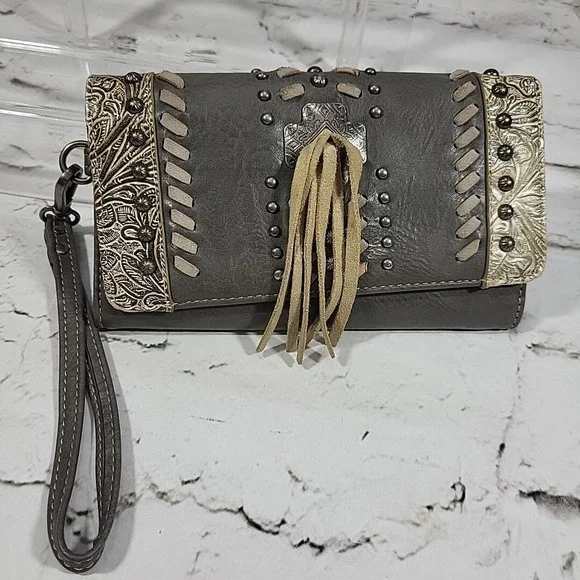 Montana West Wallet Womens Leather Gray Western Clutch‎ Wristlet Fringe Cowgirl