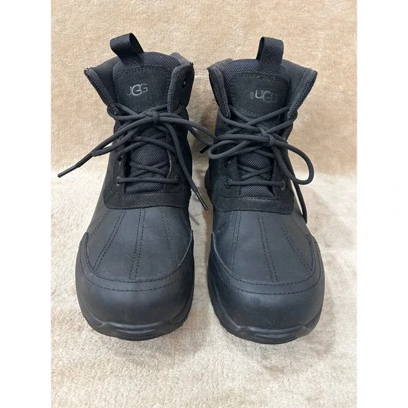 UGG Mens 10 Emmett Duck Boot Black Waterproof Leather Lace Up