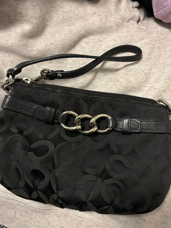 Coach Black Signature Wristlet with Chain-Link Detail