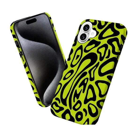 iPhone 16 Case Neon Green Black Abstract Pattern Slim Protective Cover New