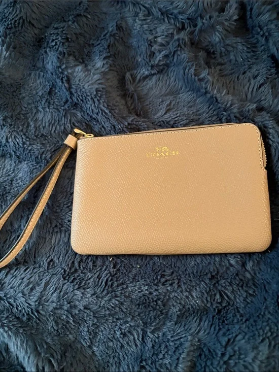 Coach Tan Pebbled Leather Wristlet with Gold Accent