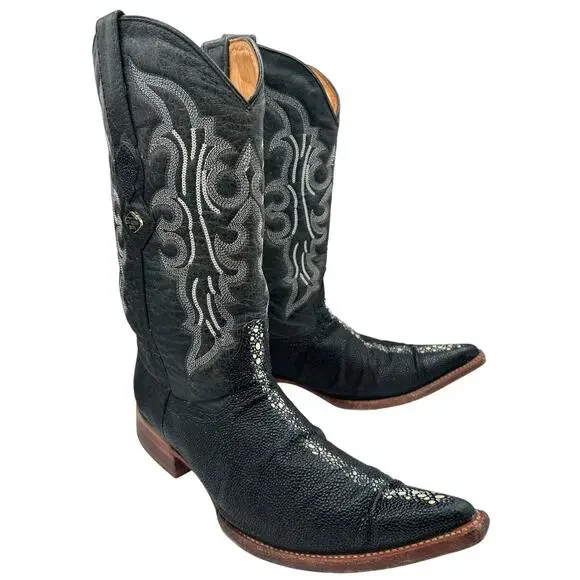 Los Altos Black Stingray Leather Cowboy Boot Mens 9.5 Black Stone Long Snip Toe