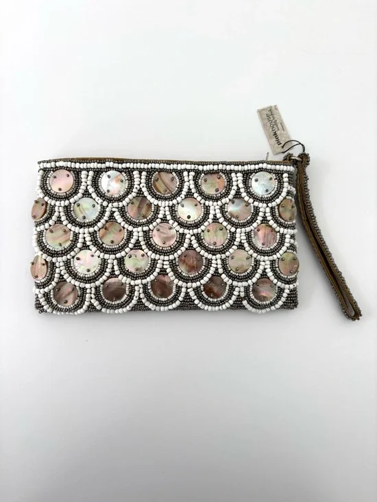 Pinkhouse Beaded Clutch Wristlet NWT Bronze & White Mother of Pearl Zip Closure
