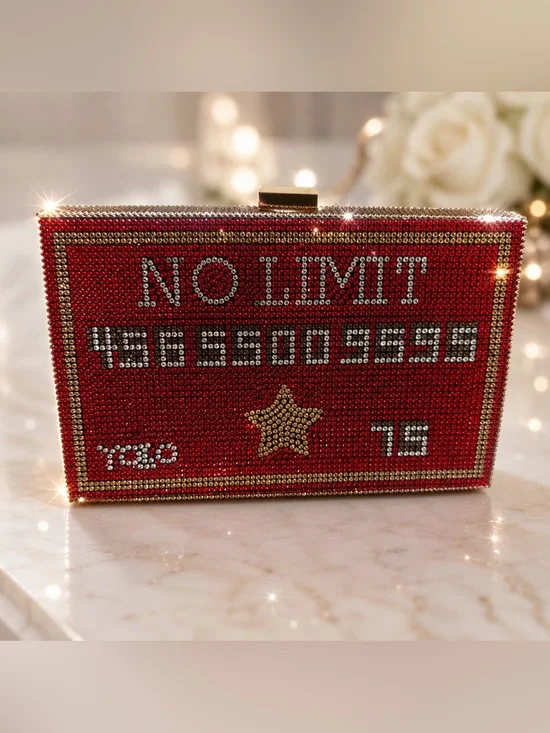 Red + Gold NO LIMIT Bling Rhinestone Credit Card Clutch Crossbody Purse Bag YOLO