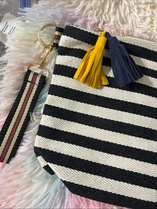Striped Black & Cream Wristlet Clutch with Tassel