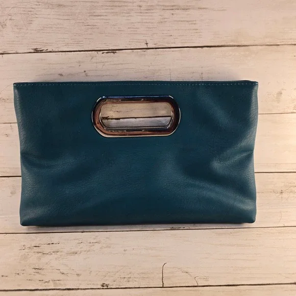 Charming Charlie Teal Faux Leather Cutout Handle Clutch Crossbody Silver Chain