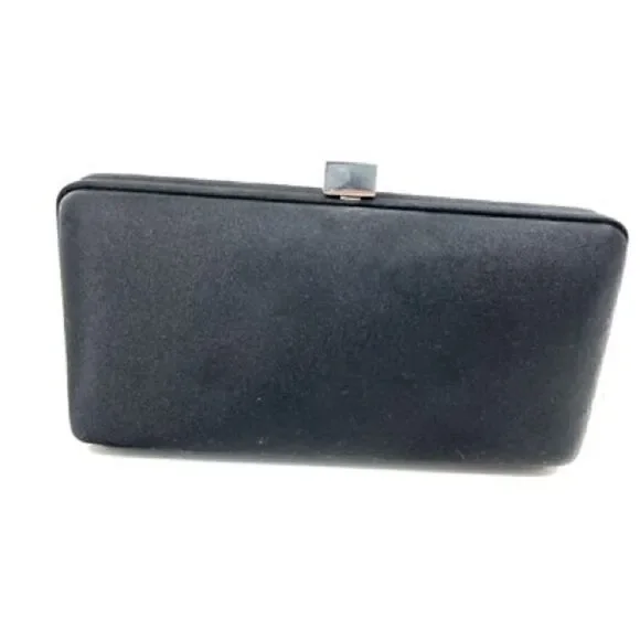 Enzo Angolini NWOT Black Sateen Clutch Bag with Silver Tone Chain & Top Clasp.