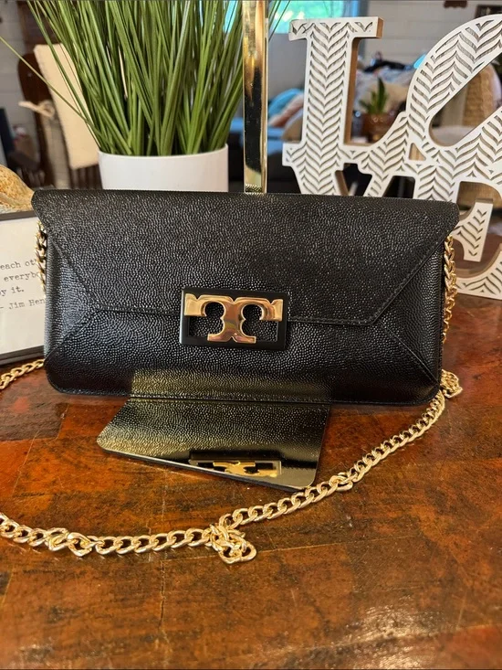 Tory Burch Black Leather Chain Crossbody with Gold Hardware