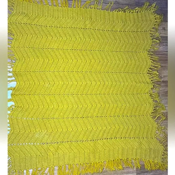 Vintage Crochet Afghan Throw Blanket Zig Zag Chevron Mustard Yellow Handmade