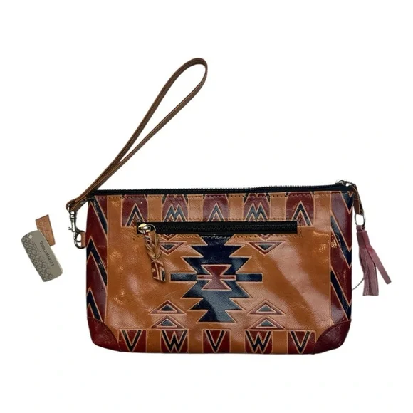 NWT’S World Market Genuine Leather Aztec Wrist Bag cognac, and red