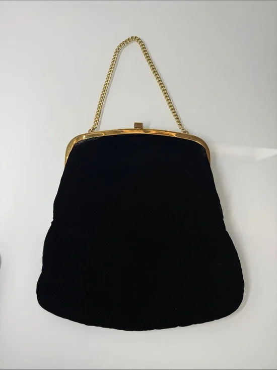Vintage 1950s Black Velvet Bag Gold Chain Clasp Purse Mid Century