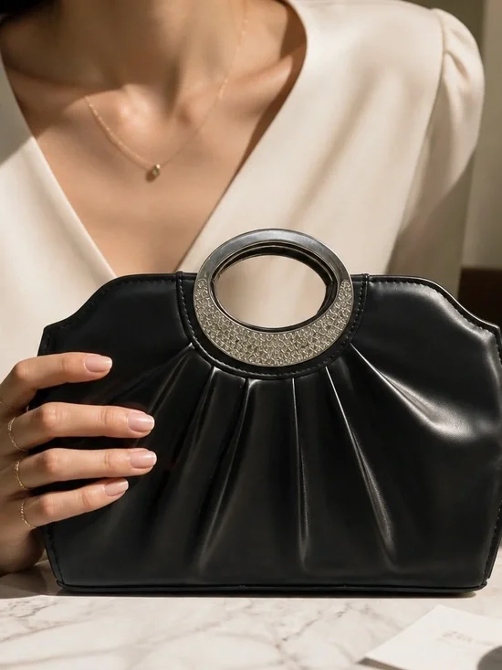 🆕Black Pleated Clutch Evening Bag Rhinestone Silver Ring Handle Faux Leather