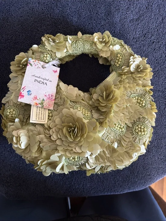 Handcrafted Olive Green Floral Embellished Clutch - NWT From India To You