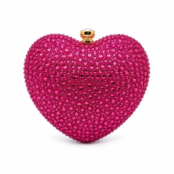 Hot Pink Crystal Heart Clutch Bag Gold Handle Formal Evening Cocktail Purse NEW