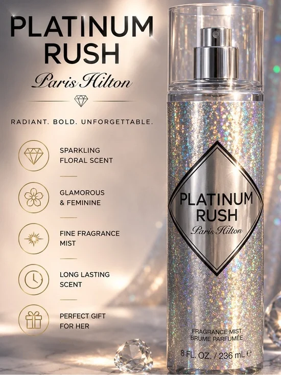 Paris Hilton Platinum Rush Glitter Silver Fragrance Mist floral and fruity